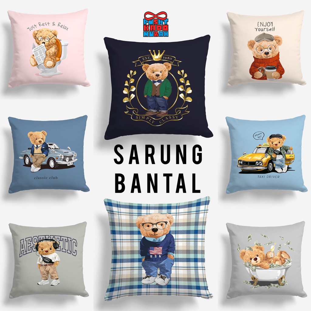 COVER SARUNG Bantal Sofa Print Motif Cute Teddy Bear 40x40 cm - Pusat Kado Murah