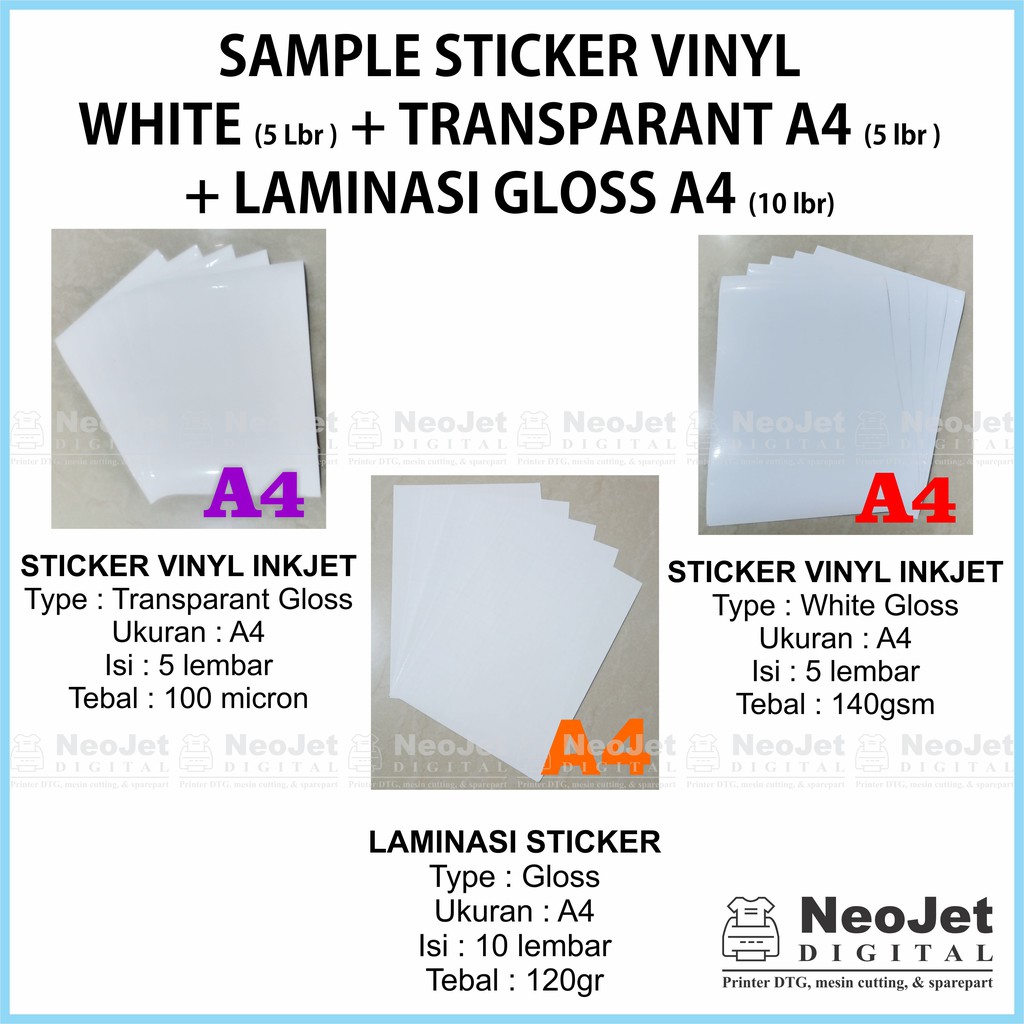 

Sample Sticker Vinyl Inkjet White + Transparan + Laminasi Glossy A4