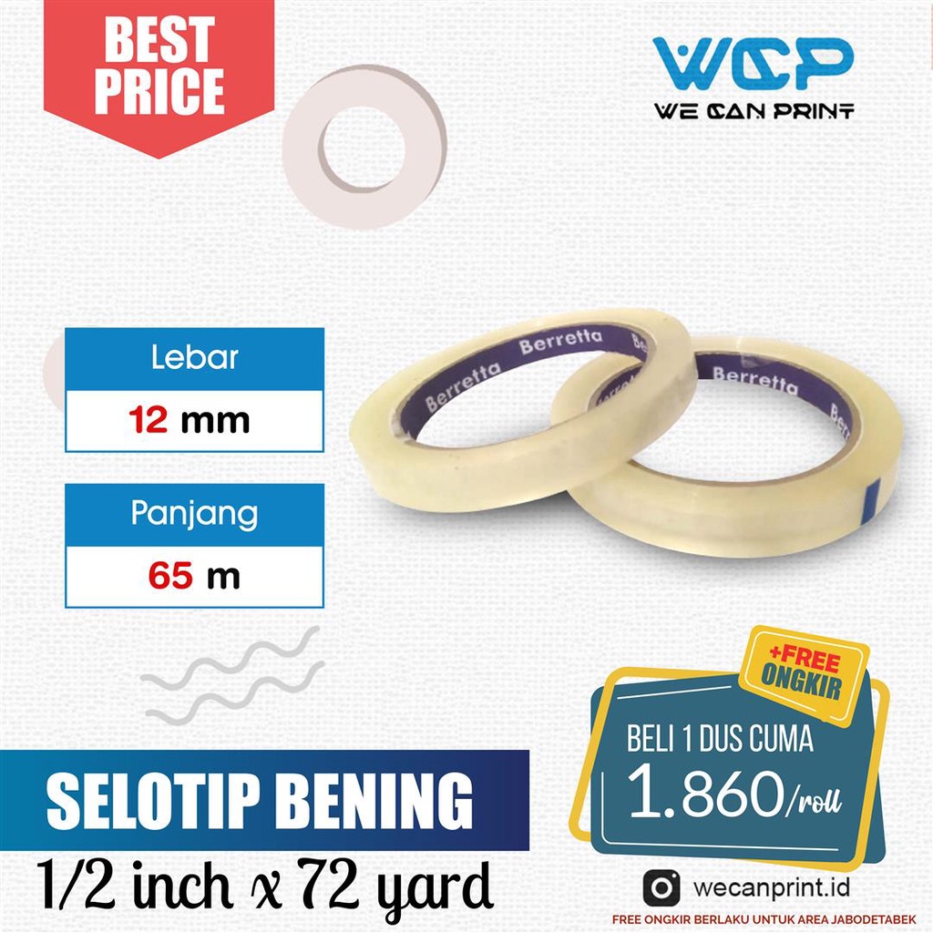 Selotip Bening Lakban Transparan Kecil Putih 12 mm x 65 meter Kecil 12 mm x 72 yard