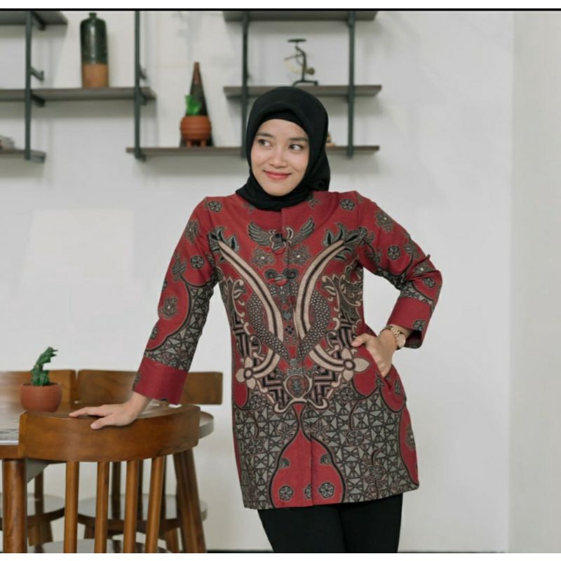 Batik pasangan couple sarimbit pria &amp; wanita batik size reguler merah soft