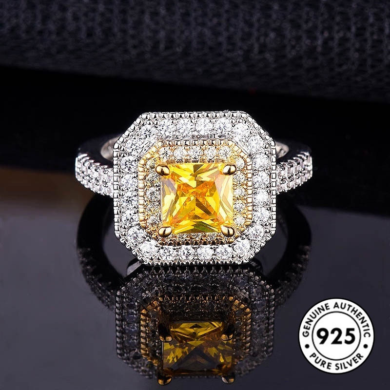 Cincin Berlian Kuning Bahan S925 Silver Untuk Pertunangan