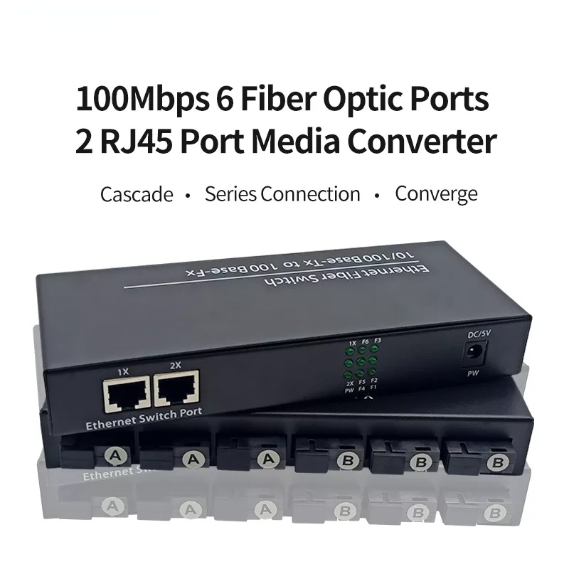 Fiber Optical Transceiver Single Mode 100M Ethernet Fiber Switch 6 Fiber Optic Port 2 RJ45 Port