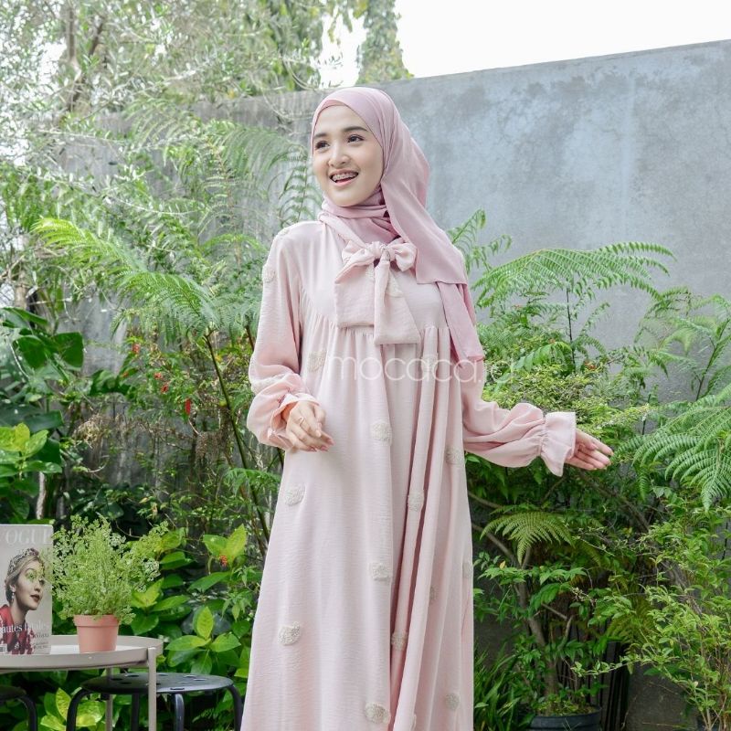 Dress Lebaran Premium Bahan Crincle Embroidery timbul lengan karet baby pink baby blue hitam