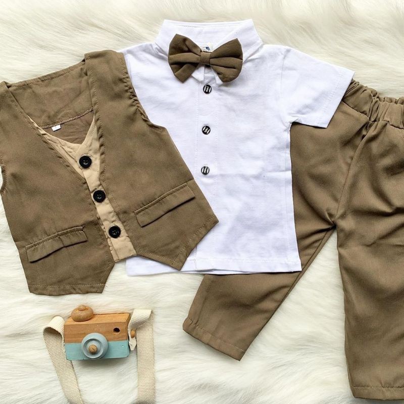 RAFFABY SECRET'S Set Baby Tuxedo Celana Panjang | Setelan Anak Laki laki | Baju Anak 1-7 Tahun-Coklat Tua
