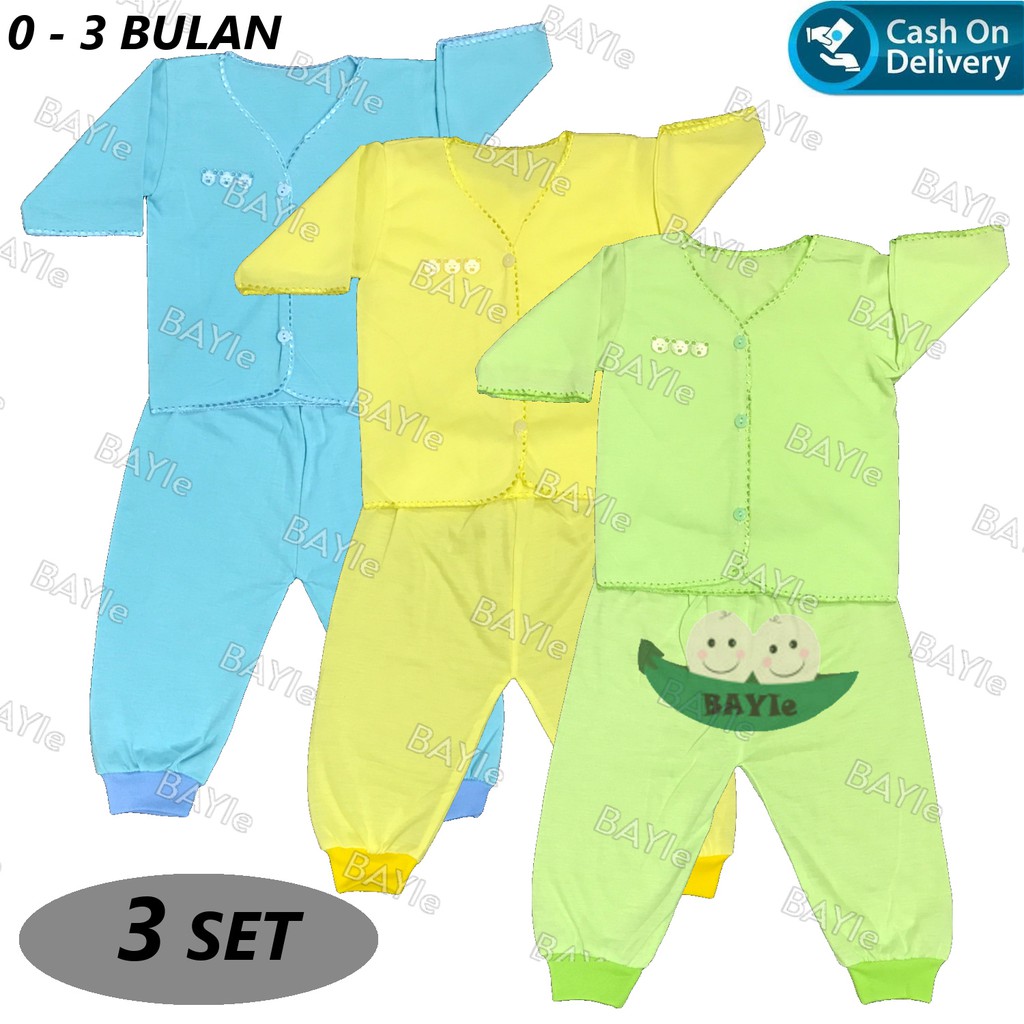 BAYIe - 3 SET Setelan Baju Bayi Panjang+Celana Panjang Polos WARNA umur 0-3 bulan/baju anak laki-lak