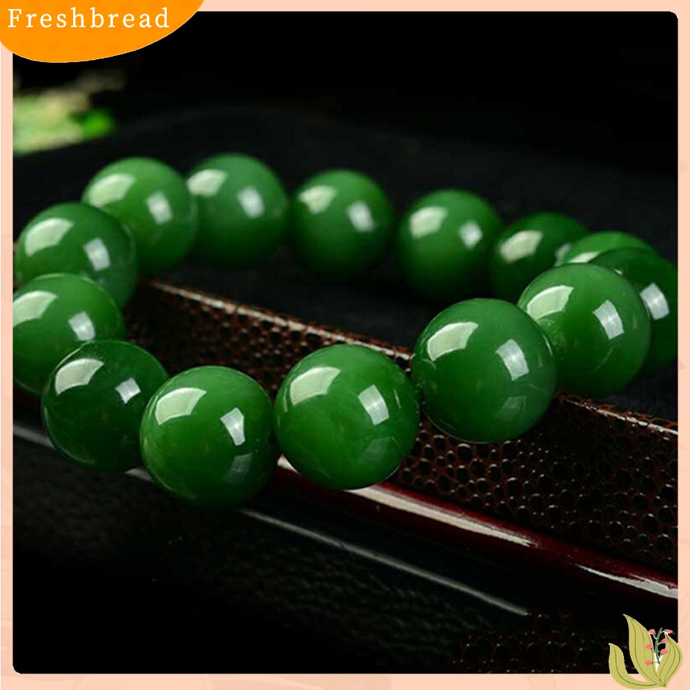 ?Fresh?? Gelang Tangan Unisex Manik Giok Imitasi Bulat Hijau Tua Elastis 10mm