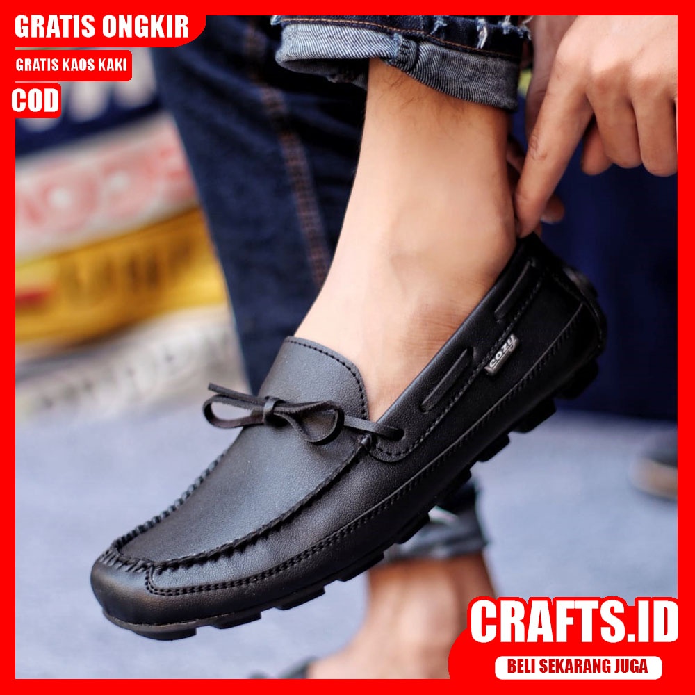 HOUSTON Sepatu Slip On Pria Kulit Asli Sepatu Pria Casual Pantofel Kerja Sepatu Kasual Santai Kuliah Kondangan Semi Formal Gaya Keren Kekinian