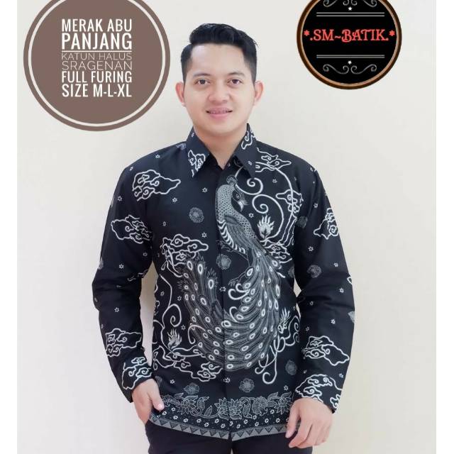 Kemeja Batik/Hem Batik Lengan Panjang MERAK ABU Bahan Katun Sragenan Lapis Furing