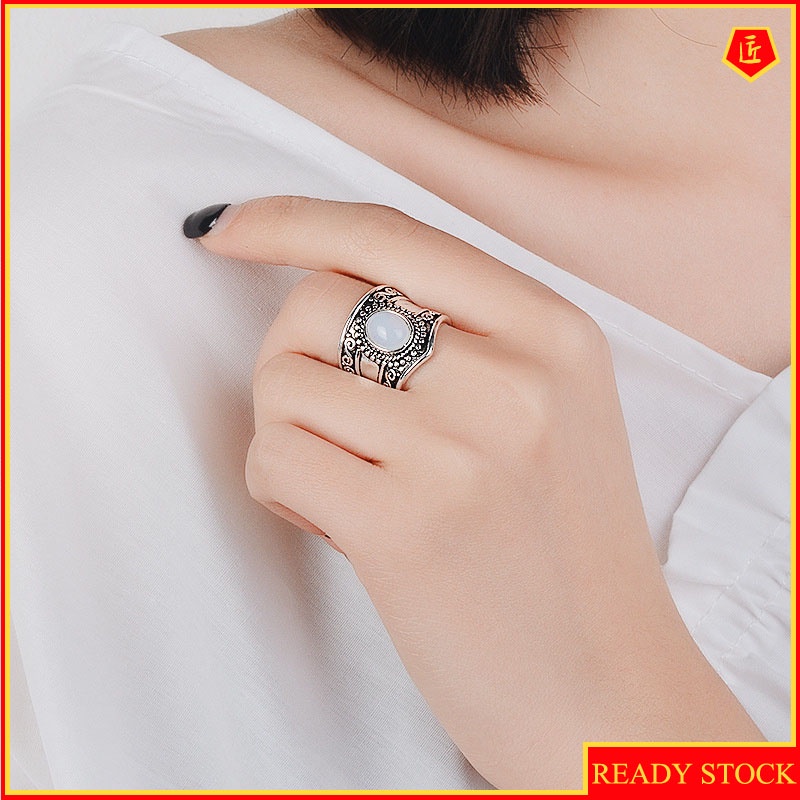 [Ready Stock]Vintage Silver Moonstone Black Agate Ring for Women