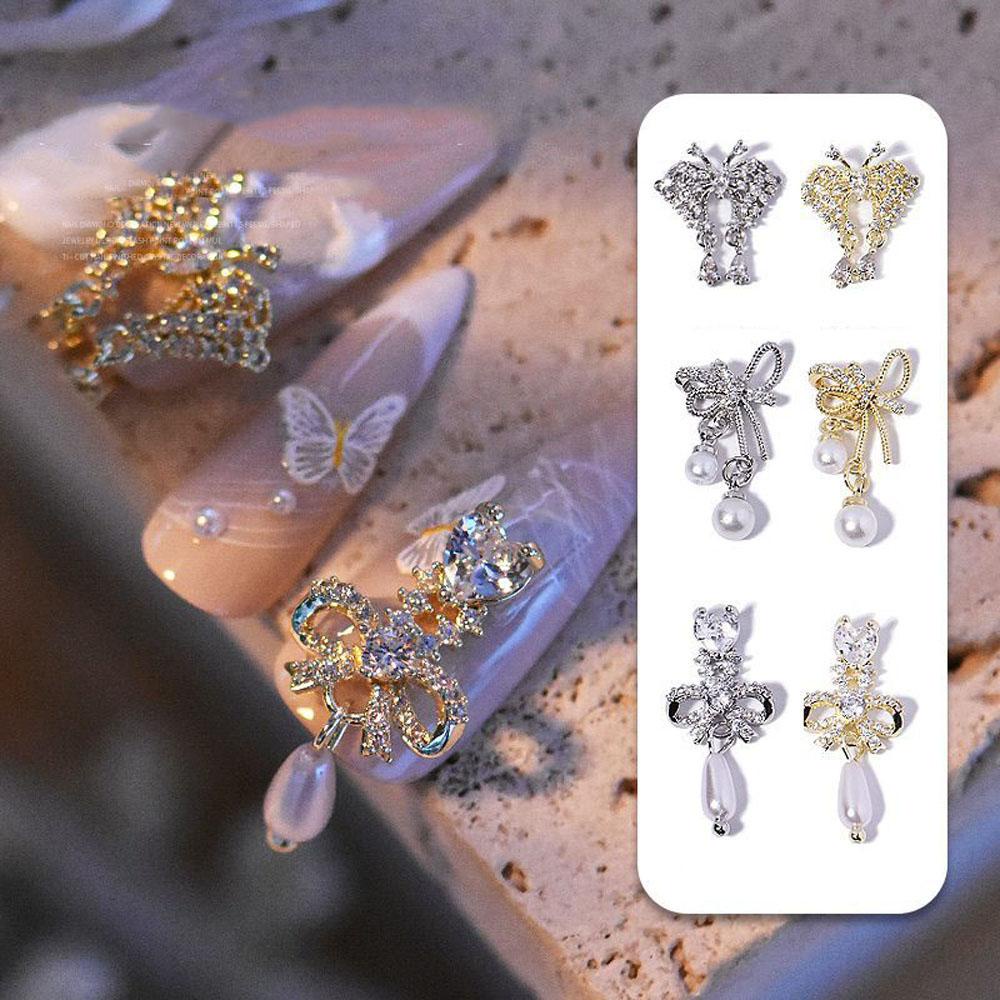 AUGUSTINA Agustina Kupu-Kupu Kuku Berlian Imitasi Mewah Manikur Aksesoris Alloy Rantai Mutiara Liontin 3D Hiasan Kuku