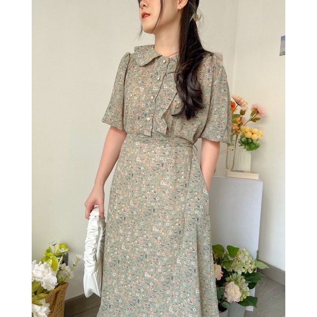 KANON - Touka Floral Dress - Dress kemeja hamil midi vintage motif bunga