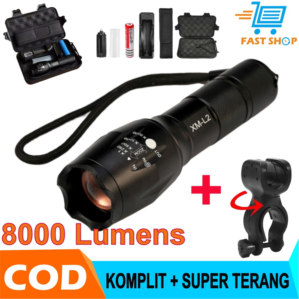 Paket Senter LED Tactical CREE XM-L2 8000 Lumens Senter Swat outdoor