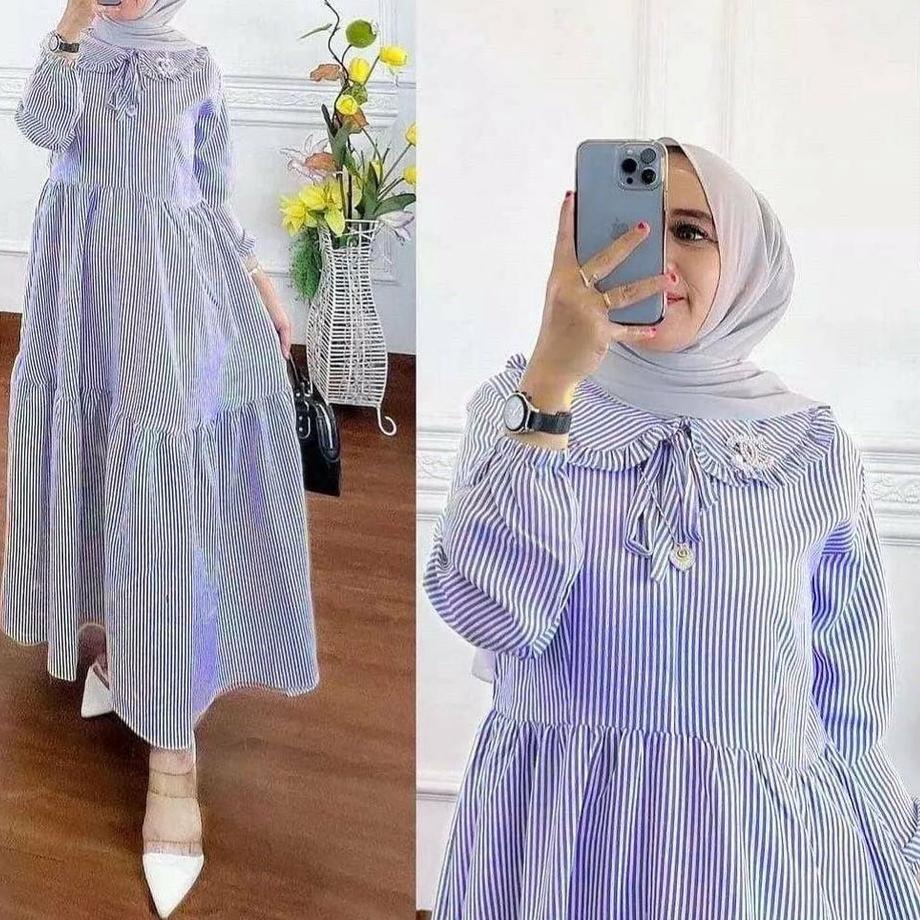 Top Produk.. R.A - Tari Maxy Tyara Midi Dress Katun Salur Jepang Premium Gamis Muslim Fashion Wanita