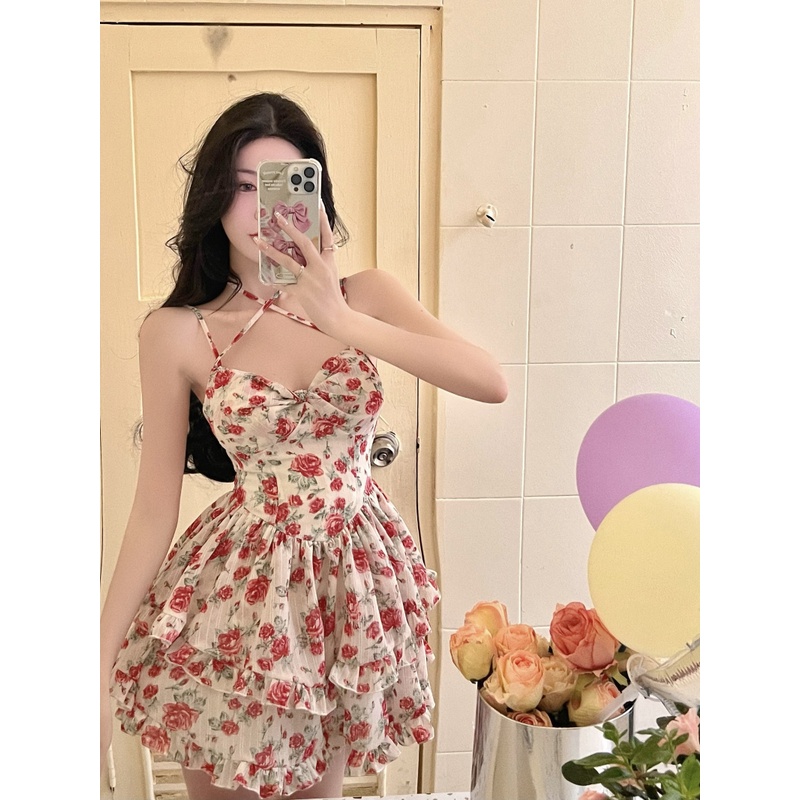 Mini Dress Manis Floral Suspender Gaun Wanita Musim Panas Panas Gadis Chiffon Kata Temperamen Pingga