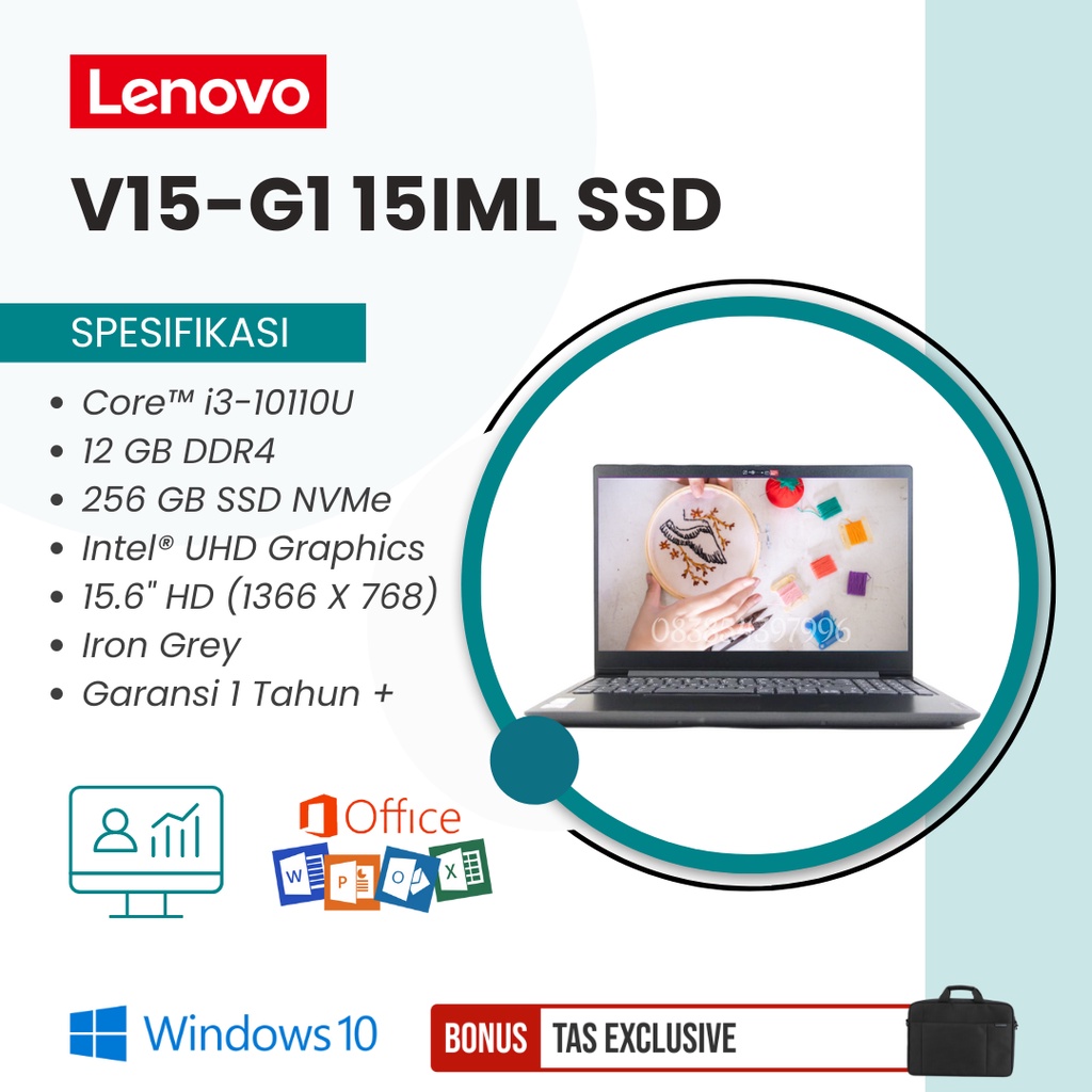 LENOVO V15-G1 15IML - ORIGINAL [CORE I3-10110U / 12GB RAM / 256GB SSD / INTEL UHD GRAPHICS / 15.6&quot; / FREE TAS + INSTALL WINDOWS 10] - TEKNO KITA