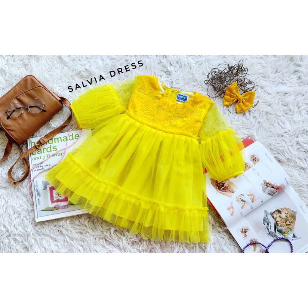 DRESS ANAK BROKAT MODEL SALVIA WARNA KUNING/DRESS ANAK TILLE