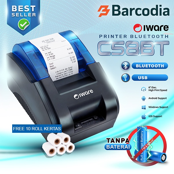 Printer Bluetooth Kasir / PPOB IWARE 58BT THERMAL 58MM ANDROID+IOS+WIN (GRATIS KERTAS 10 ROLL)