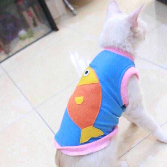 Kaos biru muda motif ikan lucu untuk kucing dan anjing / baju kucing murah size S M L XL