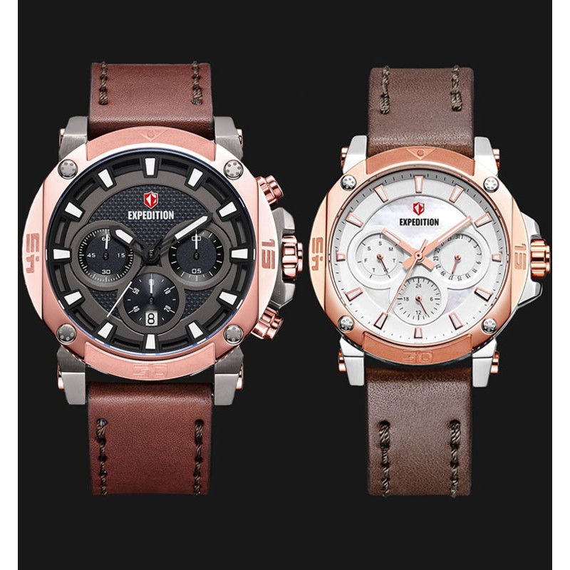 Expedition E 6606 SRGBW Couple Chronograph Silver Case Dark Brown Leather Strap