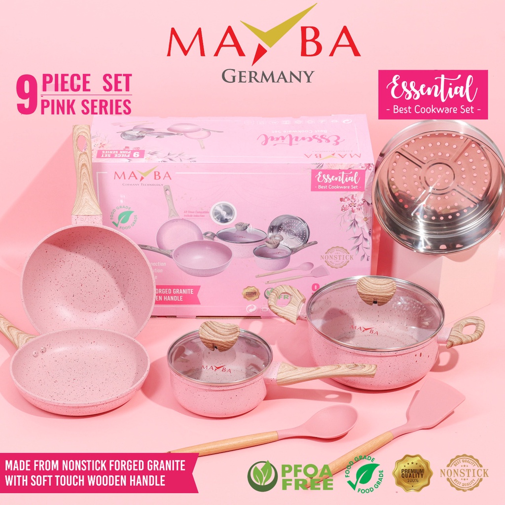 Panci Set Mayba isi 9 pcs Essential Pastel Beige Pink - Caserole Wok milkpan Bisa kompor induksi spti carote debellin