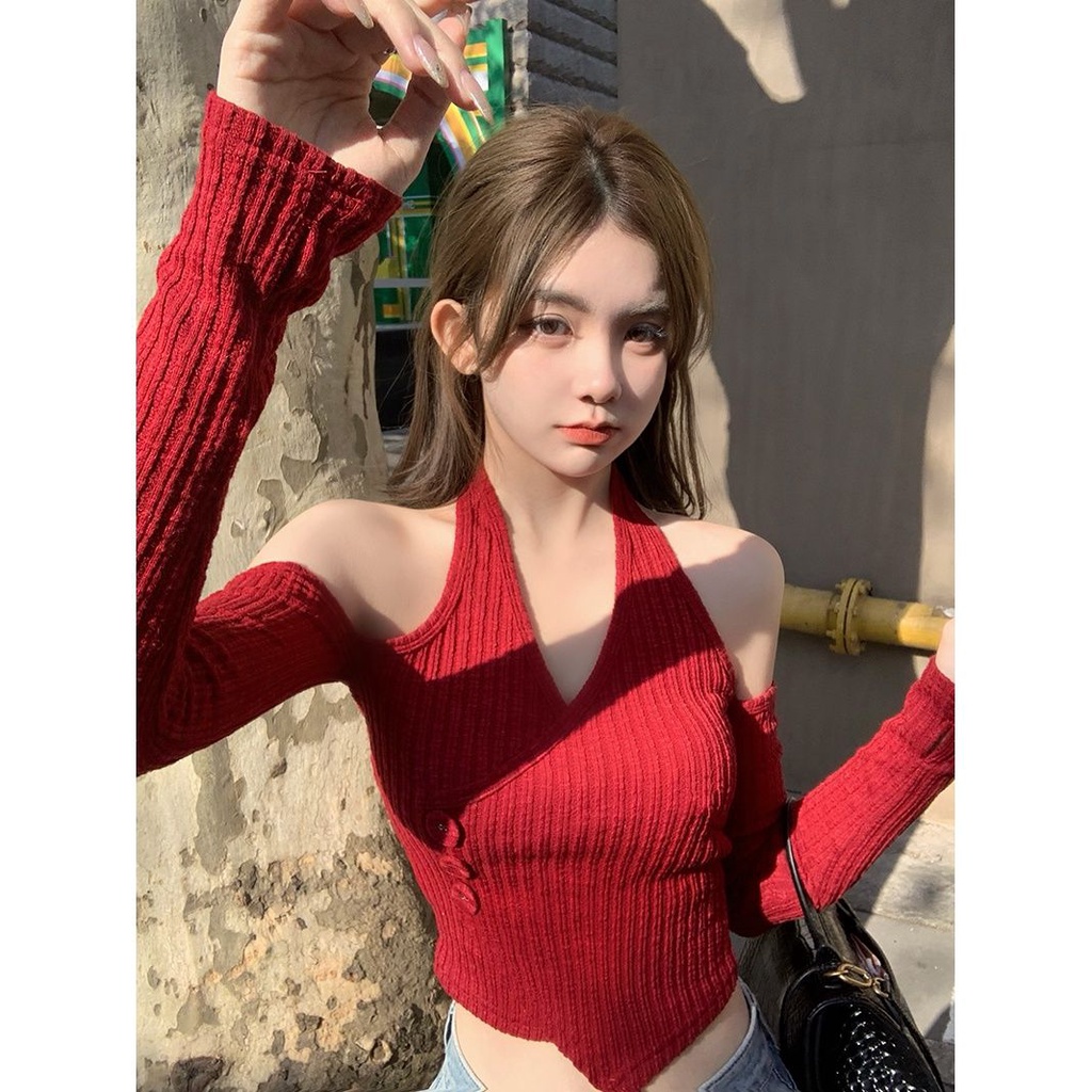 Suhao V-neck off-shoulder rajut bawah musim semi wanita dan musim panas chic high-end jaket pendek