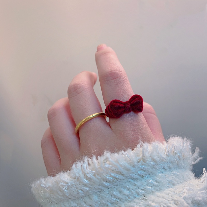 Cincin Model Terbuka Desain Pita Warna Merah Gaya Korea Untuk Wanita