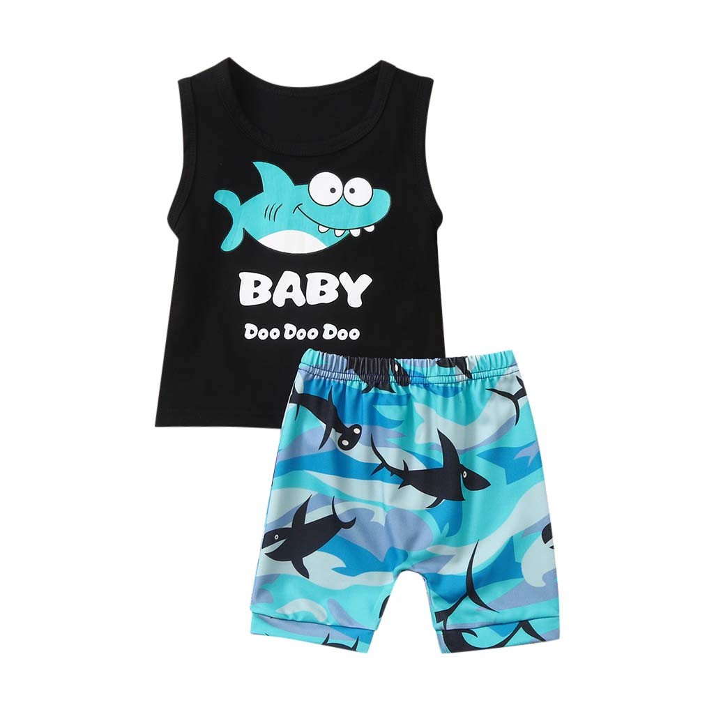 Set 2Pcs Baju Atasan Tanpa Lengan Gambar Kartun Dan Celana Pendek Motif Ikan Hiu