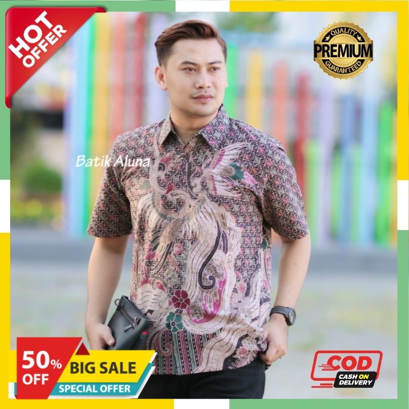 Baju Kemeja Batik Pria Lengan Pendek Lapis Furing Slim fit Modern Aluna Sragen Original Baju Kerja C