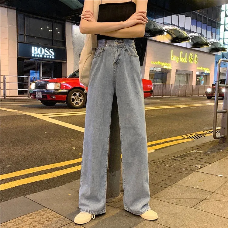 Korean New Women's Loose High Waist Wide Leg pengait celana jeans