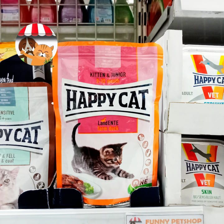 Happy Cat Makanan Kucing Basah Kitten &amp; Junior Farm Duck Pouch 85gr