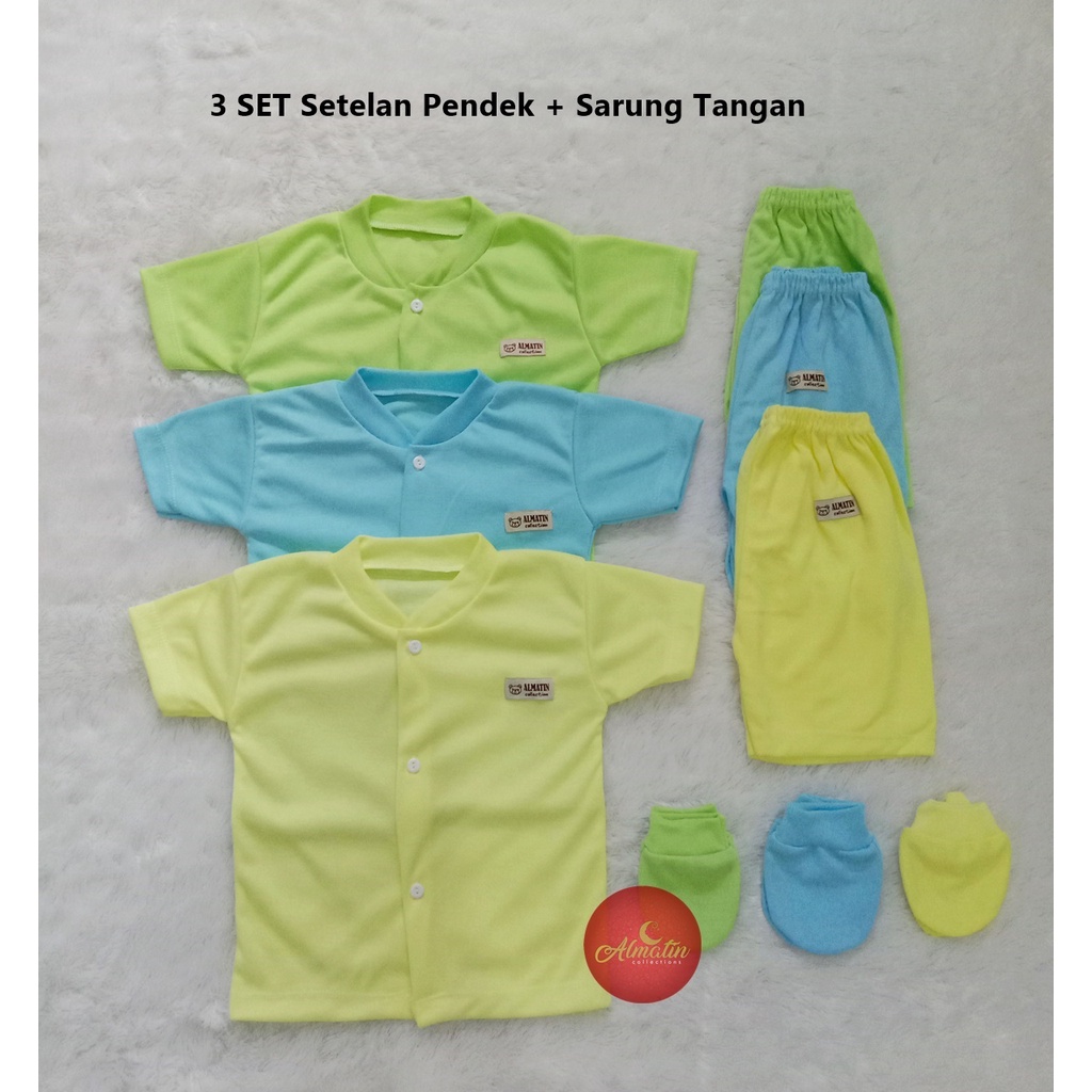 3 Set Setelan Pendek Kancing Depan Bayi + Sarung Tangan Bayi Merek Almatin