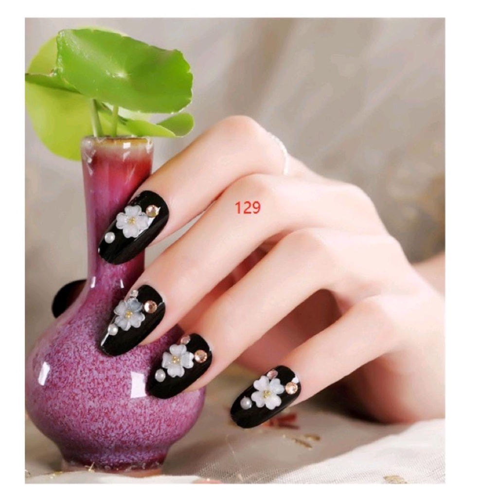 24PCS BLACK WEDDING FAKE NAILS / KUKU PALSU PERNIKAHAN HITAM PUTIH TILE KUKU PALSU RHINESTONE