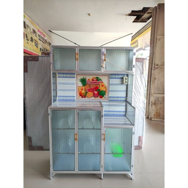 Rak Piring 3 Pintu Alumunium Kaca Keramik / Lemari Dapur Minimalis Murah Indramayu Tegal Bogor