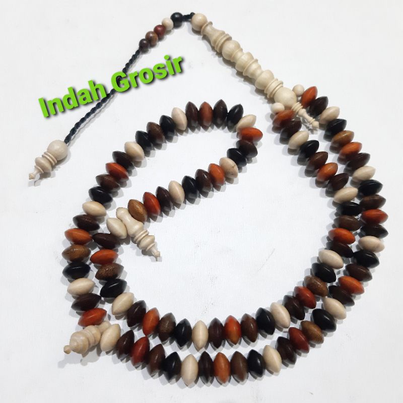 Tasbih Kayu Gepeng Combinasi 5 Jenis Kayu 99butir 12mm Asli 100%