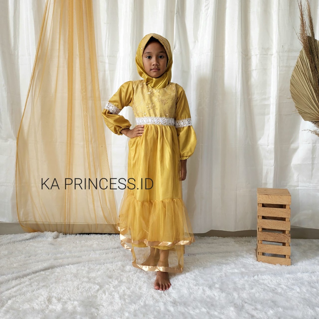 Dress Gold Anak Perempuan 4 5 Tahun Gaun Tutu Brukat Warna Gold Baju Pesta Mewah Impor Bahan Premium KA03