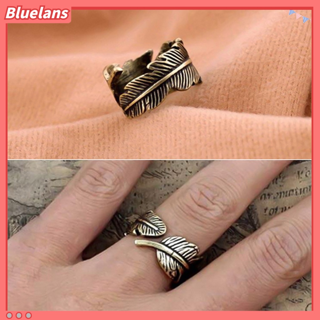 Bluelans Open Ring Etched Leaf Feather Adjustable Antique Bronze Unisex Opening Ring Jewelry