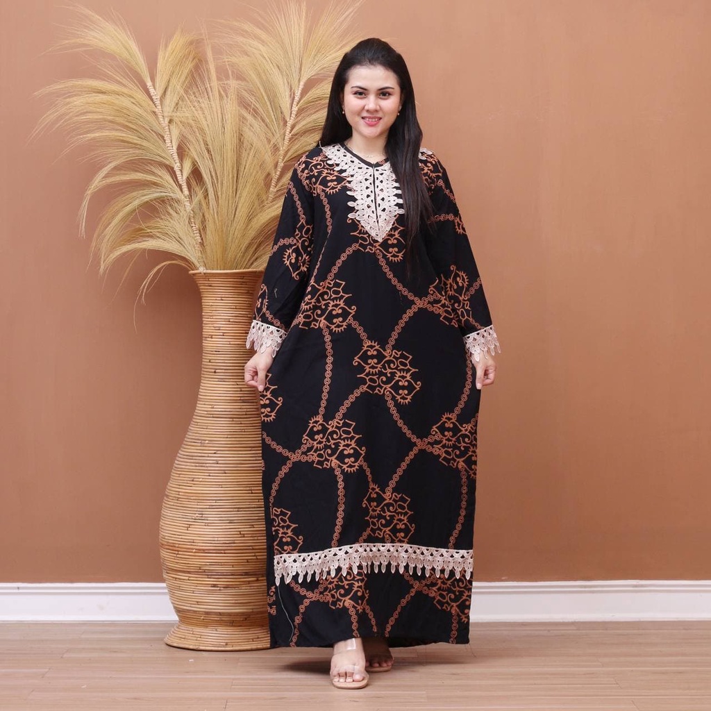 Batik Prass - Daster Arab Elmeera / Longgdress Renda / Rayon Grade A Lengan Panjang-CAMILLA HITAM