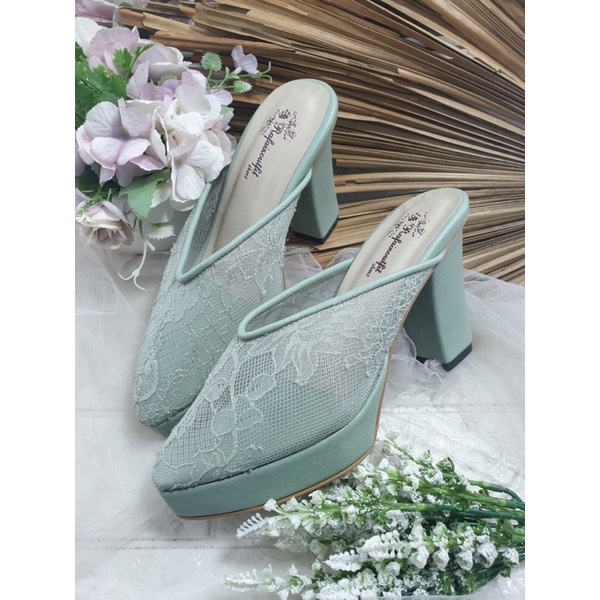 sepatu v hijaumint lace cantik tnggi 9cm