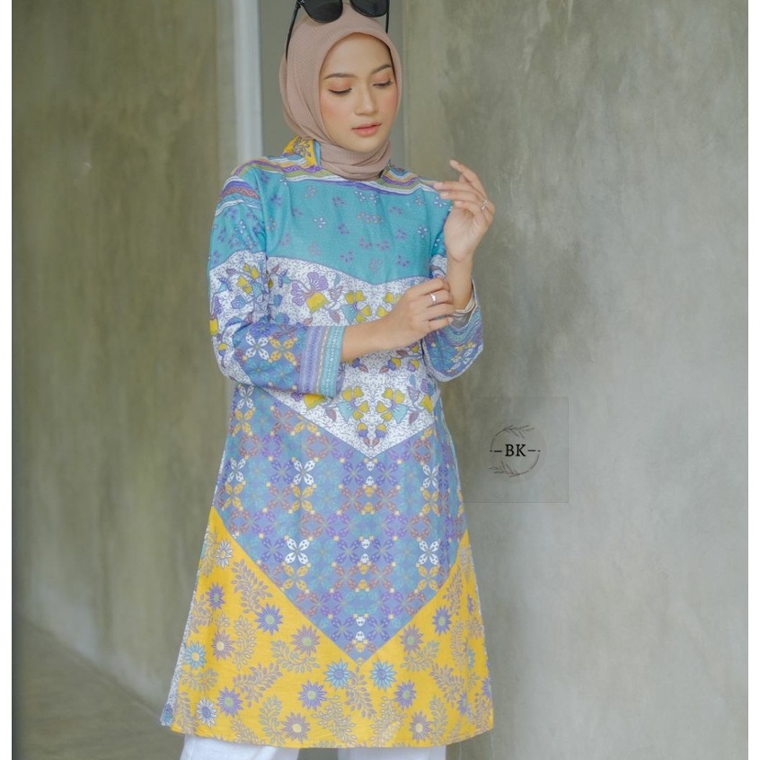 Tunik Soft Lengan Panjang Baju Batik Wanita Katun Motif Lapis Lancip Jumbo Pastel Kuning Tosca Biru