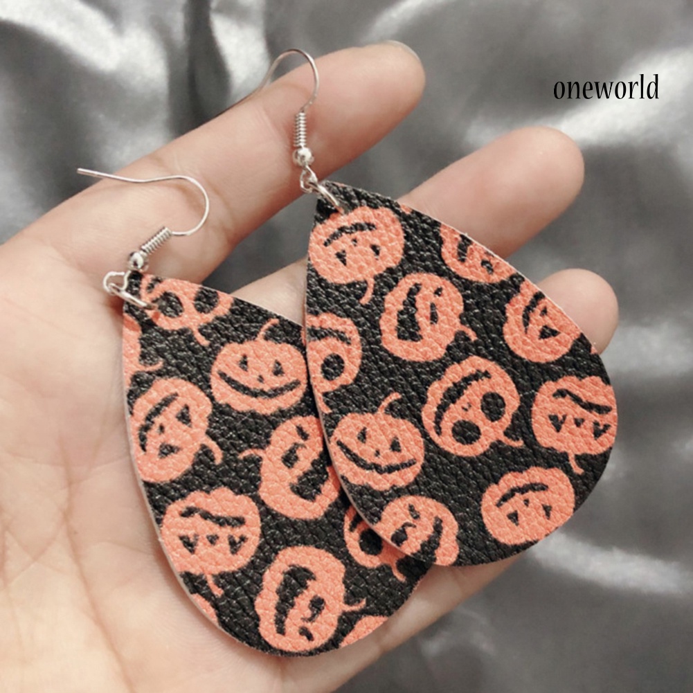 OW@ Halloween Skull Pumpkin Teardrop Faux Leather Drop Dangle Women Hook Earrings