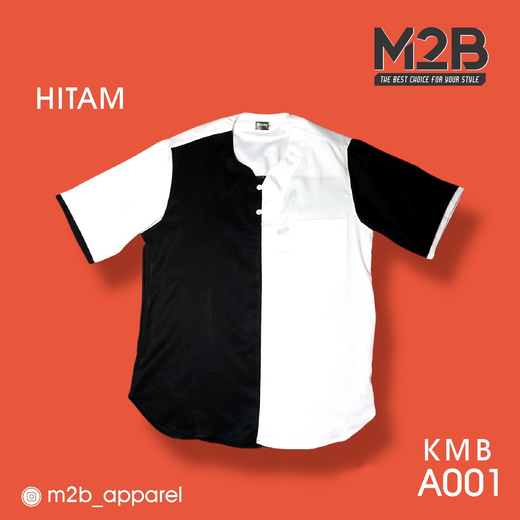 BAJU KOKO TANPA KERAH KOMBINASI WARNA HITAM DAN PUTIH BAHAN MADINAH
