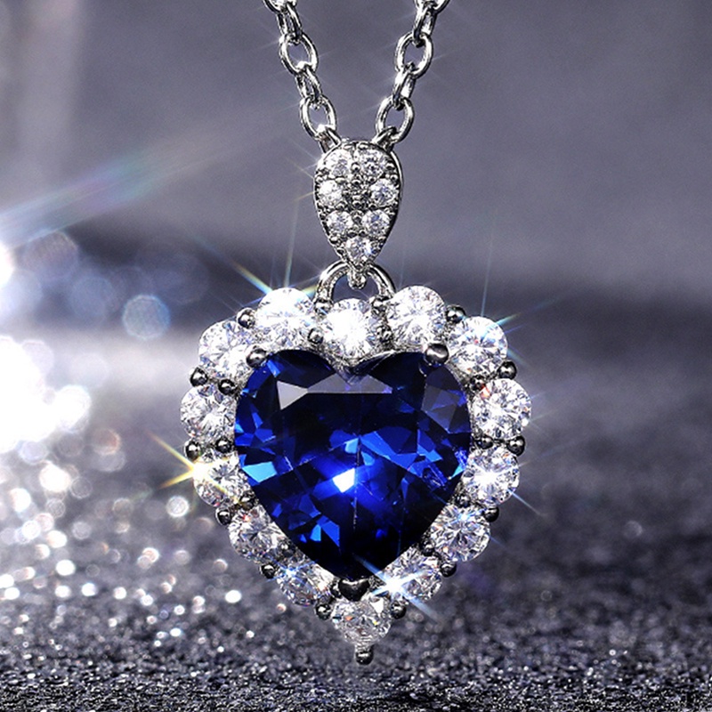 （Alloy）Kalung Inlaid Sapphire Bentuk Hati Untuk Wanita