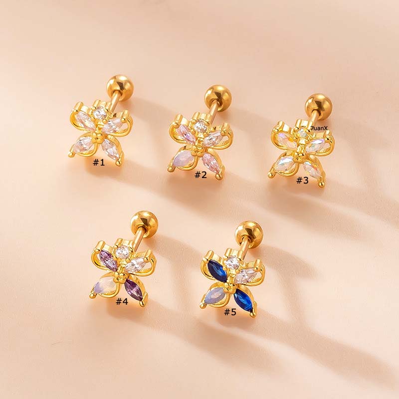 1 Pc Anting Stud Tindik Tulang Rawan Bentuk Bunga Bahan Stainless Steel Dengan Zircon Untuk Wanita