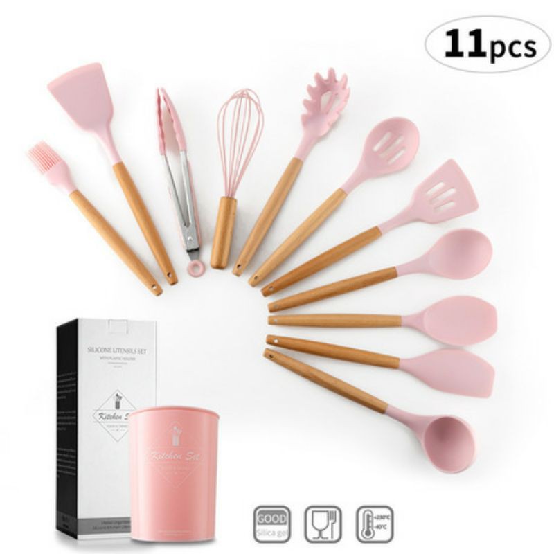 12pcs silicone cooking utensil spatula with wooden holder /alat masak silikon