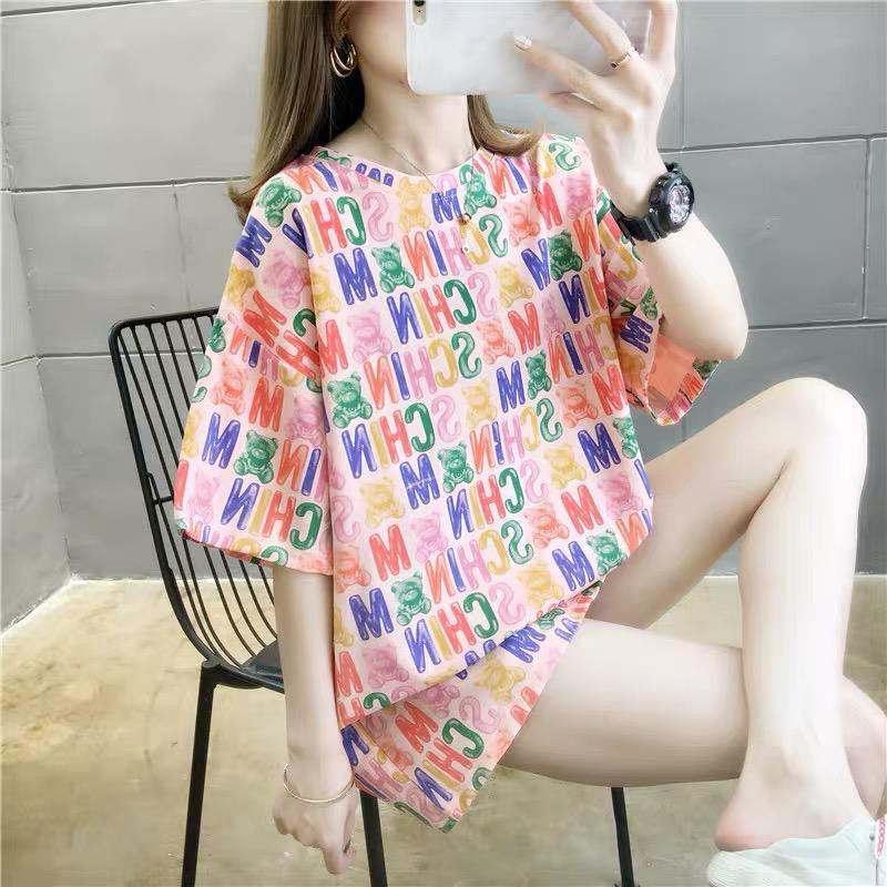 Oversize Tee Tshirt   Wanita Model Longgar Motif Mini Bear Tulisan Warna Warni