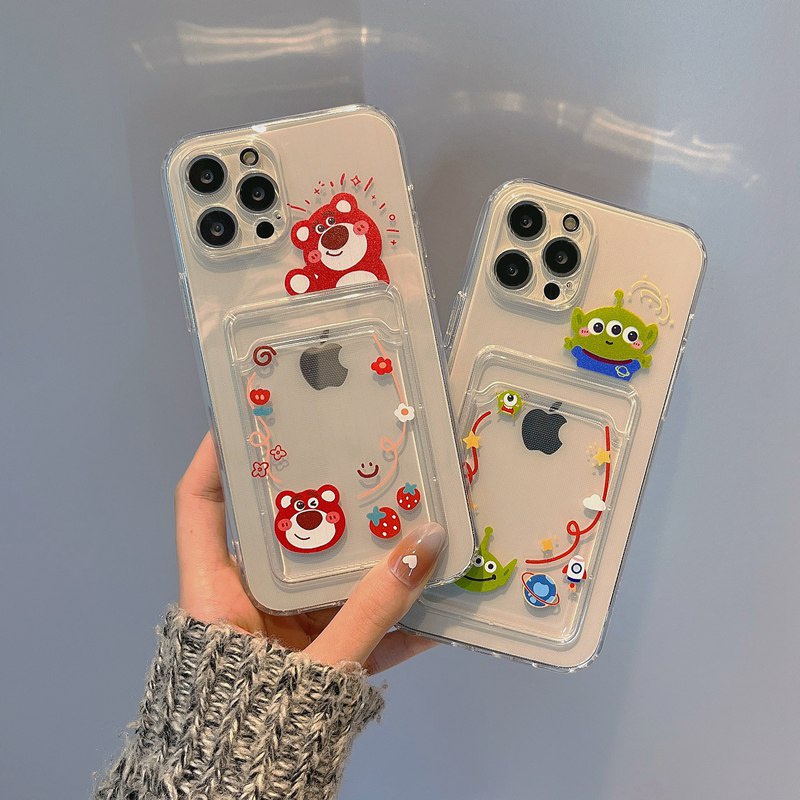 Cartoon Straberry Bear Card Bag Soft Case iPhone 6 6S 7 8 + Plus X XR XS Max 11 12 Pro Max SE 2020 Clear Casing Xiaomi Redmi 9A 9C 9T Note 8 Pro