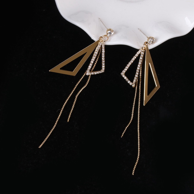 Anting Stud 925 Silver Needle Model Rumbai Panjang Bentuk Segitiga Bahan Zirkon Gaya Korea