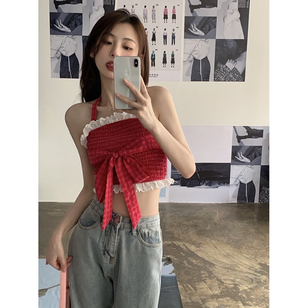 Red wanita kamisol wanita desain manis halter neck bow short top summer new hot girl inner bottoming shirt