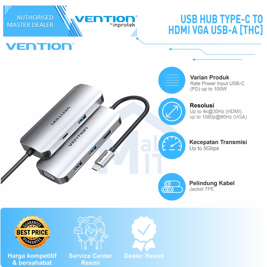 ( Bisa Cod ) Vention USB HUB Type C 3.1 to USB 3.0 HDMI VGA PD MACBOOK THC TGS