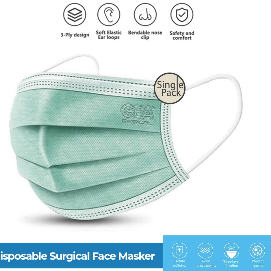 Model Baru Masker Gea Surgical Face Mask 3ply Ear loop Single Pack .,